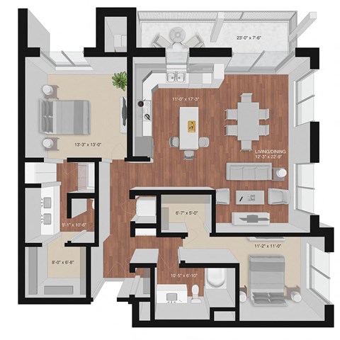 Floor plan for 2 beds, 2 baths, 1330 sqft